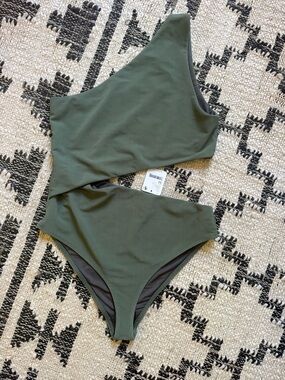 Free People Beach Riot Olive Green Ribbed One-Shoulder Swimsuit